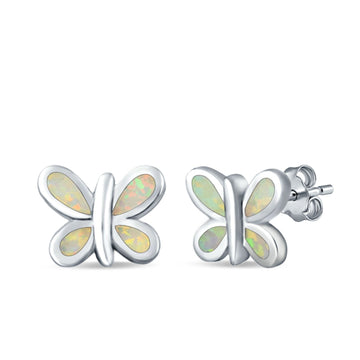 Butterfly Stud Earrings Lab Created White Opal 925 Sterling Silver (8mm)